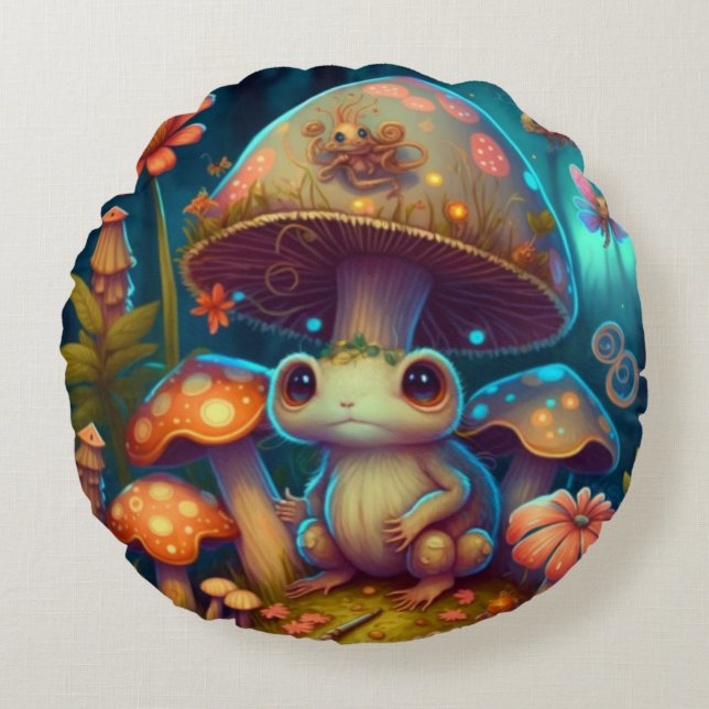 Fina, söta älvar leker under svampar runt p rund kudde (Framsidan)