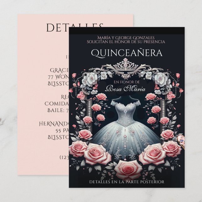 Fina spanska Quinceañera Ro Inbjudningar (Fram/baksida)
