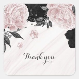 Fina svarta och rosa blommor marmor fyrkantigt klistermärke