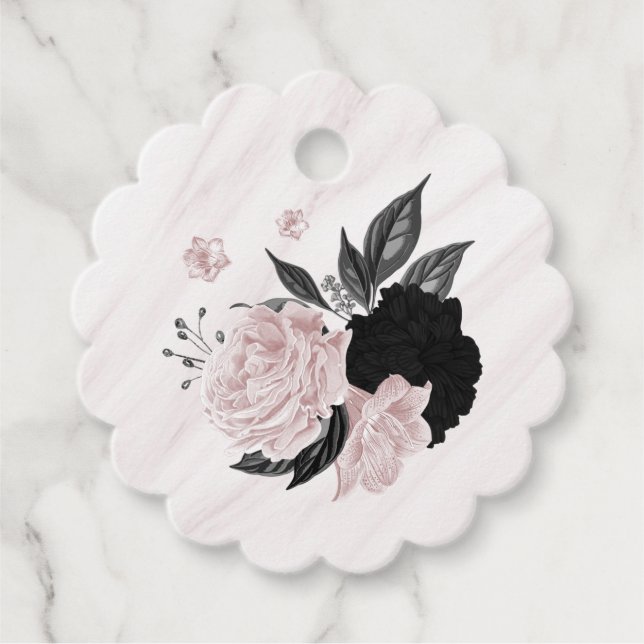 Fina svarta och rosa blommor marmor gåvor etiketter (Framsida)