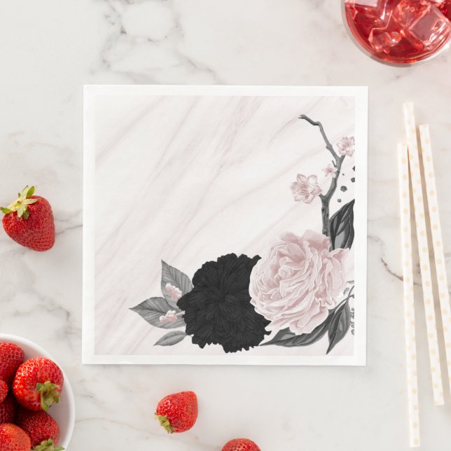 Fina svarta och rosa blommor marmor pappersservett (Insitu)