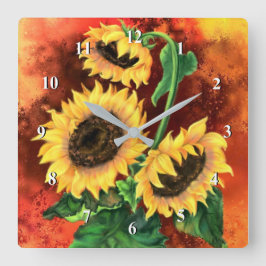 Fina tre solblommor - konstmålning fyrkantig klocka