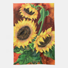 Fina tre solblommor - konstmålning kökshandduk