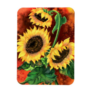 Fina tre solblommor - målning magnet