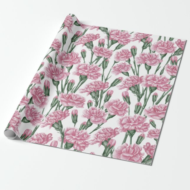 Fina vattenfärgsblommor Rosa Carnation Flowers Presentpapper (Utrullad)