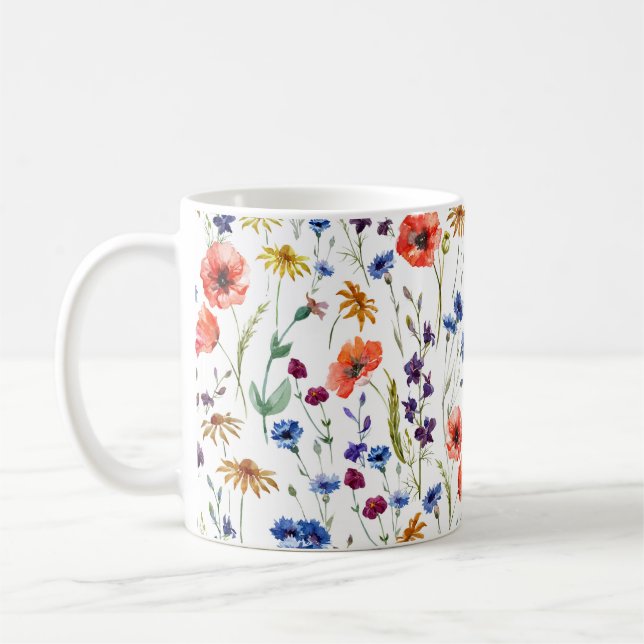 Fina vilda blommor, vattenfärg, vallmo, kornblomma kaffemugg (Vänster)