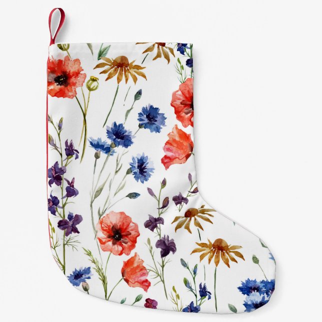 Fina vilda blommor, vattenfärg, vallmo, kornblomma liten julstrumpa (Framsidan)