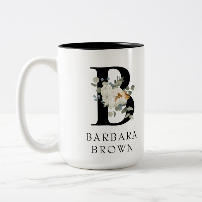Fina vita Blommigten Guld accents Monogram B Två-Tonad Mugg (Vänster)