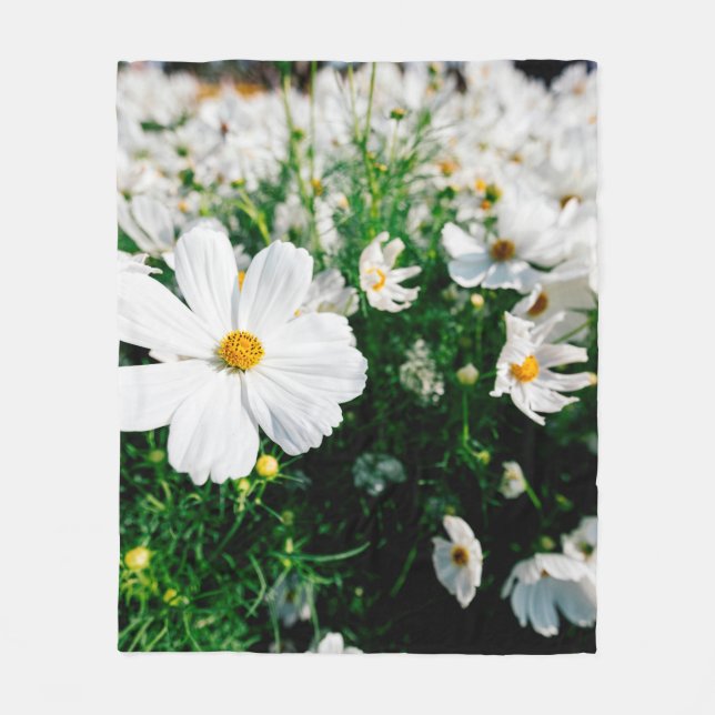 Fina vita cosmos blommor i trädgården fleecefilt (Framsidan)