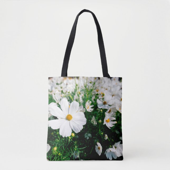 Fina vita cosmos blommor i trädgården tygkasse (Framsida)