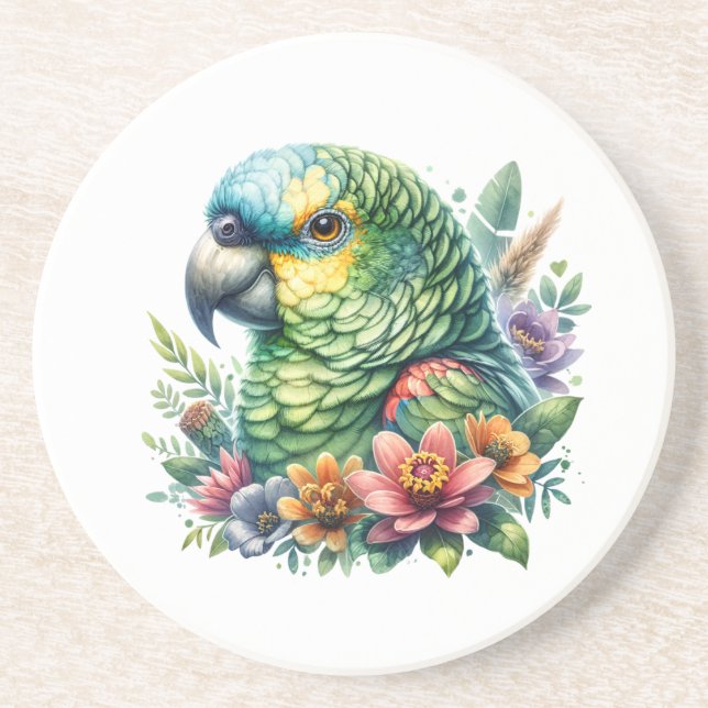 Fina Watercolor Amazon Parrot Underlägg (Framsidan)