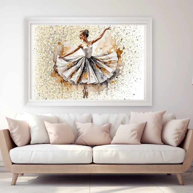Fina Watercolor Ballerina Woman i Guld Poster (Beautiful Watercolor Ballerina Woman in Gold Poster in home)