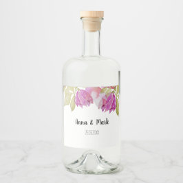 Fina Watercolor Rosa Flowers Hand-målad Spritflaskor Etikett