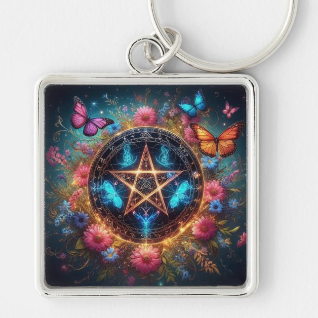 Fina Witches pentacle2 Fyrkantig Silverfärgad Nyckelring (Framsidan)