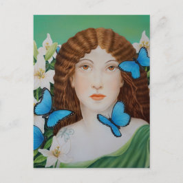 Fina Woman Ansikte med fjäril och blommor Vykort