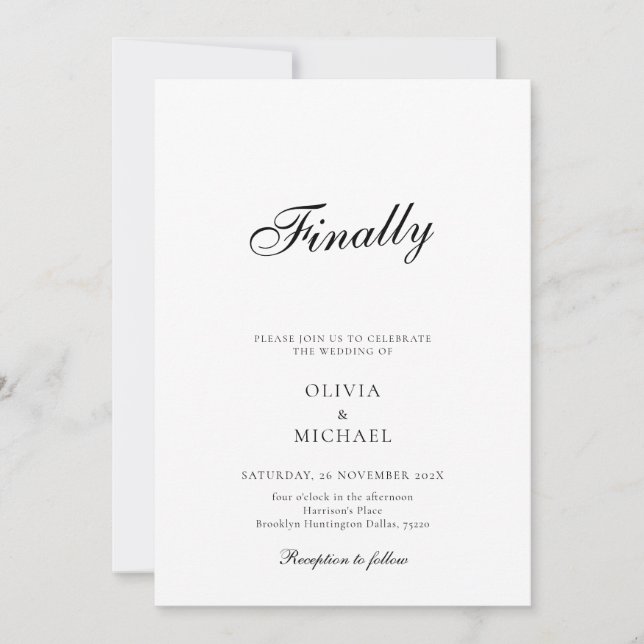 Finally Script Minimalist Wedding Invitation Inbjudningar (Framsida)