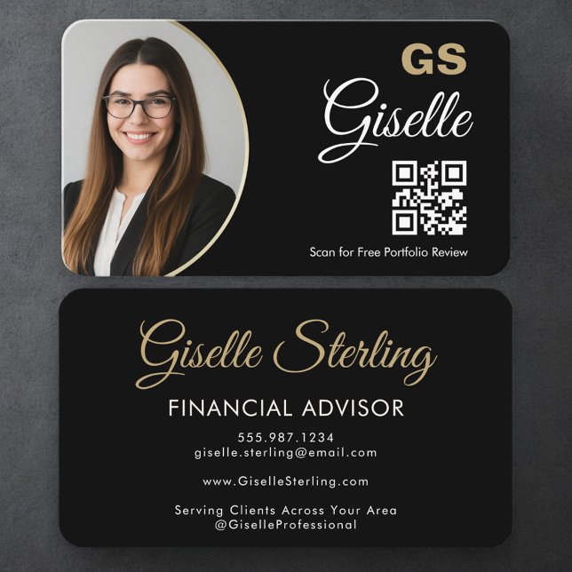 Financial Agent QR Code Photo Black Gold Visitkort (Skapare uppladdad)