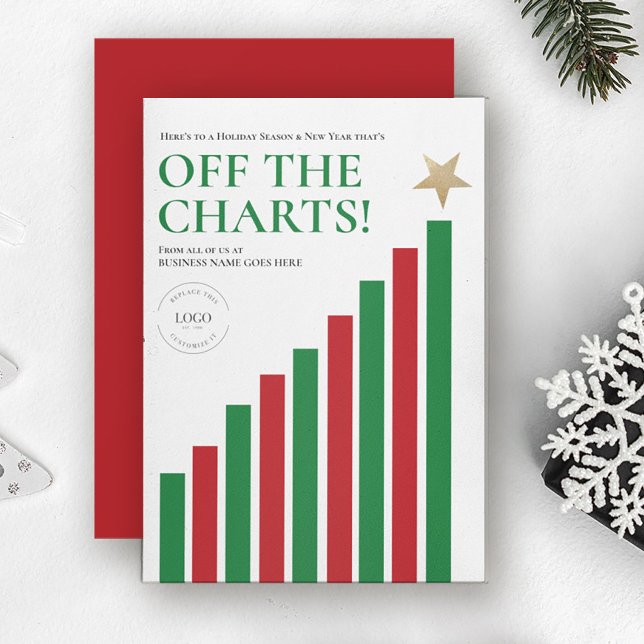 Finansbranschen utanför diagrammet Gott nytt år Julkort (Off the charts red, green, gold financial business christmas holiday cards with logo.)