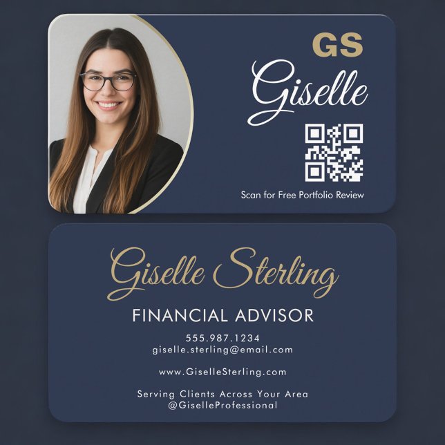 Finansiell agent foto QR-kod marinblå guld  Visitkort (Skapare uppladdad)