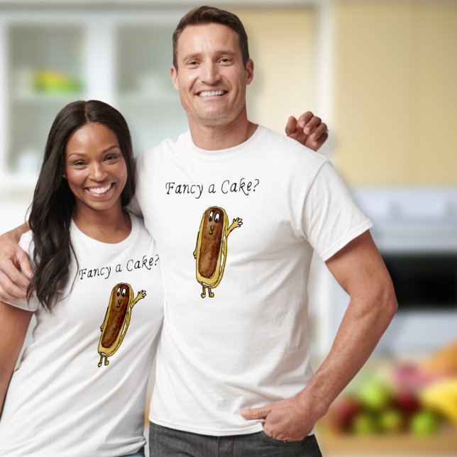 Finare a Cake Funny Chocolate Eclair Quirky Art Tee (Fancy a cake quote chocolate eclair cute cartoon art T-shirt for sweet treat, baking and cake lovers)