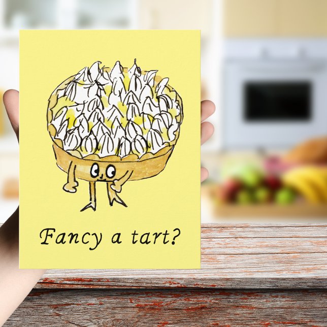 Finare a Tart Funny Lemon Meringue Paj Quirky Art Vykort (Fancy a tart quote funny lemon meringue pie cartoon watercolor art greetings postcard for cake lover)