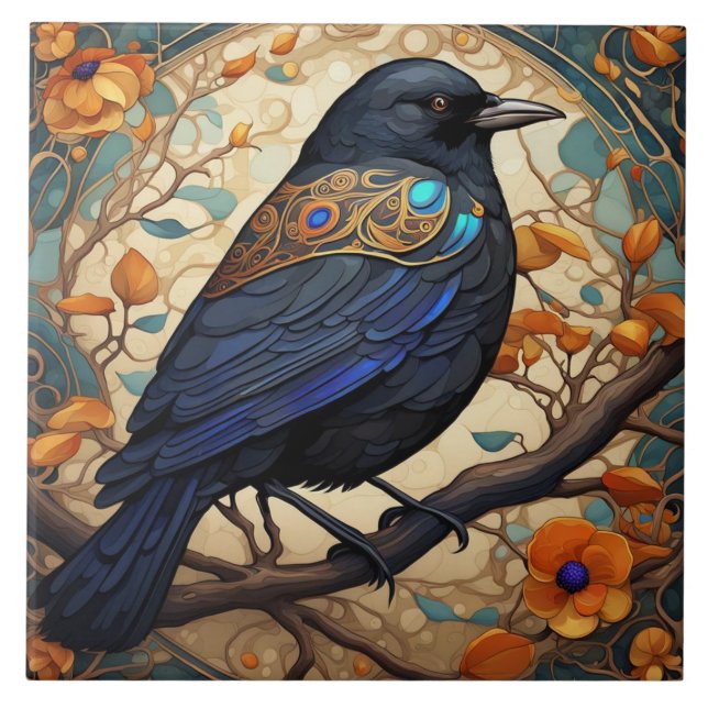 Finare Black Bird i Art nouveau Art Deco stil Kakelplatta (Framsidan)