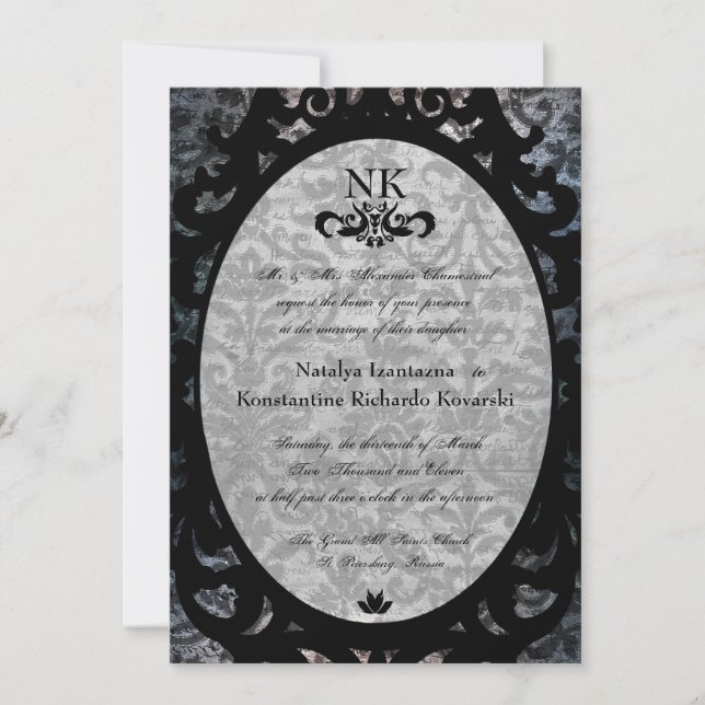 Finare Black Damask Oval Goth Wedding bjudande Inbjudningar (Framsida)