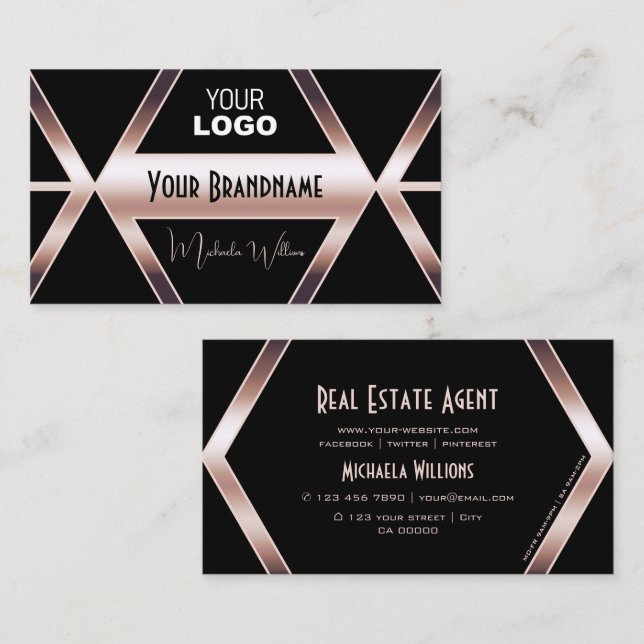 Finare Black Geometric med Coola Ro Guld och Logot Visitkort (Fram/baksida)