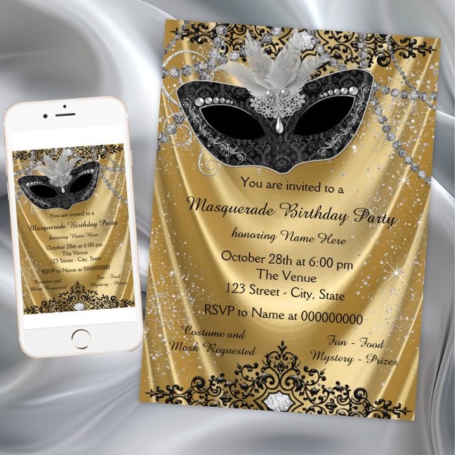 Finare Black och Guld Masquerae Party Inbjudningar (Elegant any occasion black gold masquerade party invitation. Simply add your event details.)