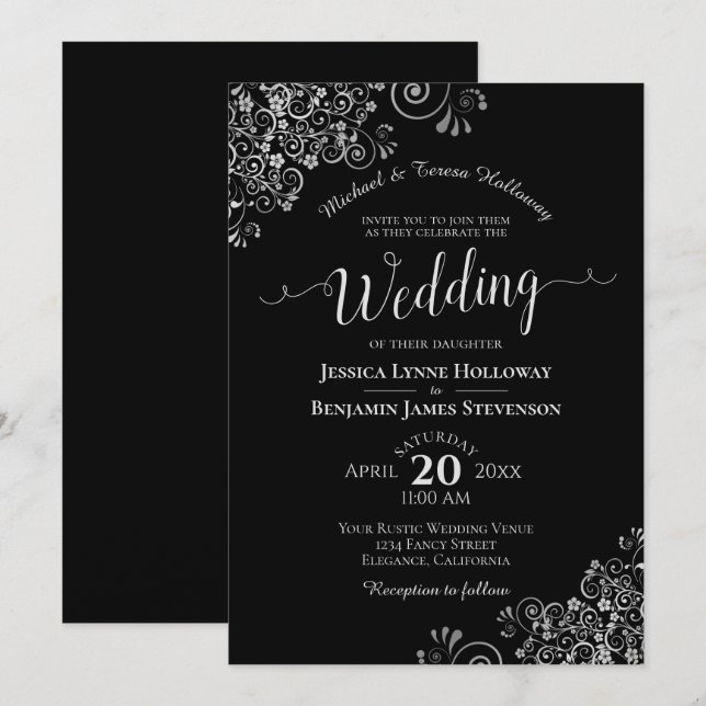 Finare Black & Silver Elegant Formell Bröllop Inbjudningar (Fram/baksida)