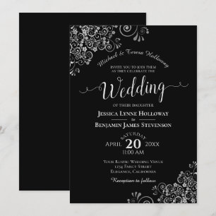 Finare Black & Silver Elegant Formell Bröllop Inbjudningar