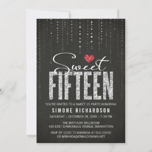 Finare Black Silver Red Sweet 15 Födelsedagsfest Inbjudningar