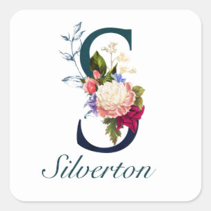 Finare Blommigt, marinflottan, Monogram Brev S Fyrkantigt Klistermärke