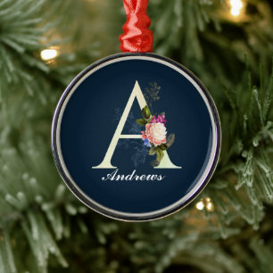 Finare Blommigt Monogram A Mörk blått Julgransprydnad Metall