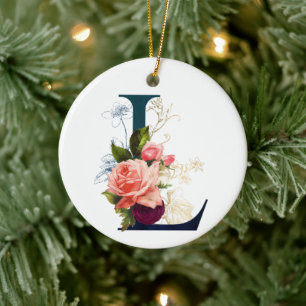 Finare Blommigt Monogram Brev L Personlig Julgransprydnad Keramik