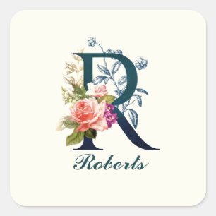 Finare Blommigt Monogram Brev R Fyrkantigt Klistermärke