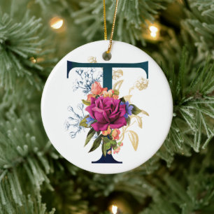 Finare Blommigt Monogram Brev T Julgransprydnad Keramik