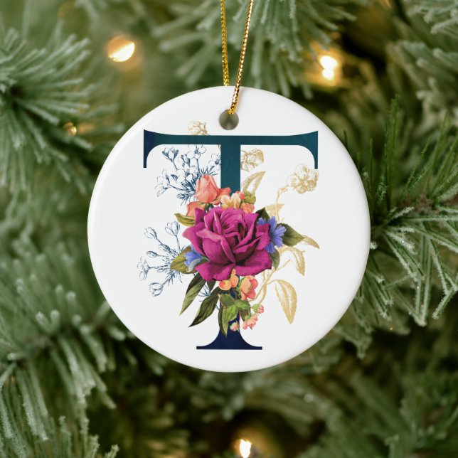 Finare Blommigt Monogram Brev T Julgransprydnad Keramik (Träd)