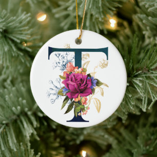 Finare Blommigt Monogram Brev T Personlig Julgransprydnad Keramik