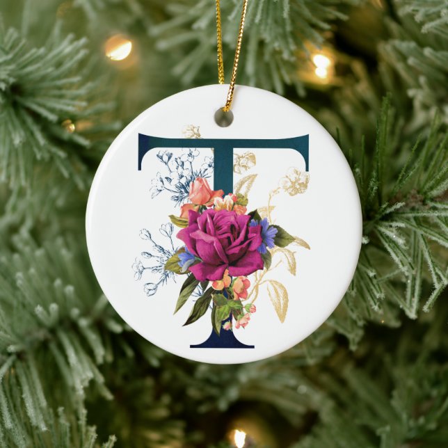 Finare Blommigt Monogram Brev T Personlig Julgransprydnad Keramik (Träd)