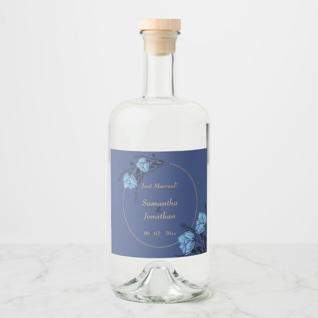 Finare Blue Flower Bröllop Spritflaskor Etikett (Framsida)