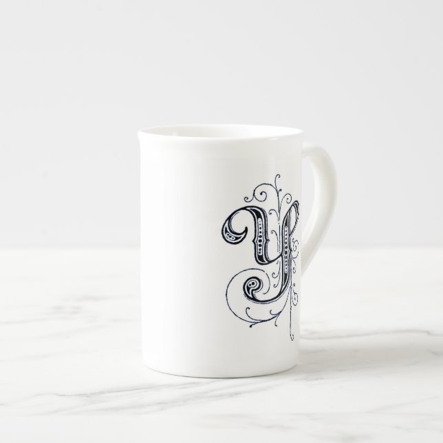 Finare Blue Vintage Monogram "Y" Benporslin Mugg (Framsida höger)