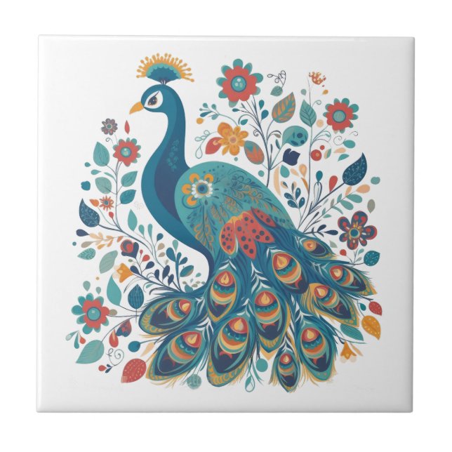 Finare Boho Peacock Scandinavian Folk Art Kakelplatta (Framsidan)