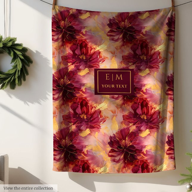 Finare  Burgundy Guld Blommigt Anpassningsbar  Thr Fleecefilt (Fancy Blush Burgundy Gold Floral Custom Throw Fleece Blanket)