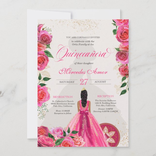 Finare Charra Rosa Guld Ro Land Quinceanera Inbjudningar (Framsida)
