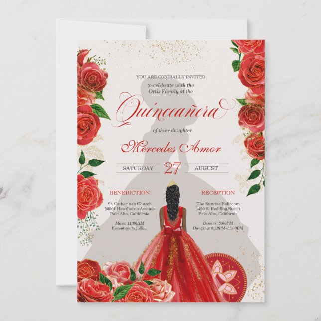Finare Charro Röd ros Quinceanera-inbjudan Inbjudningar (Framsida)