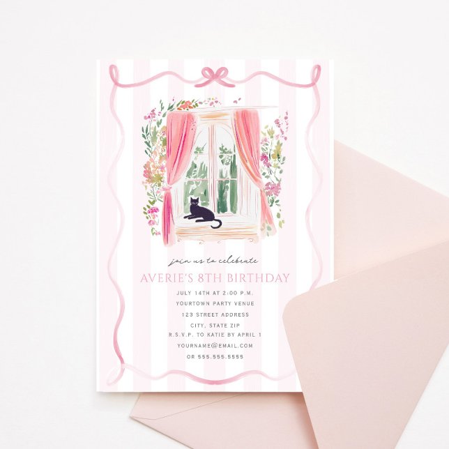 Finare Chateau Rosa Ribbon Coquette Cat Birthday Inbjudningar (Skapare uppladdad)