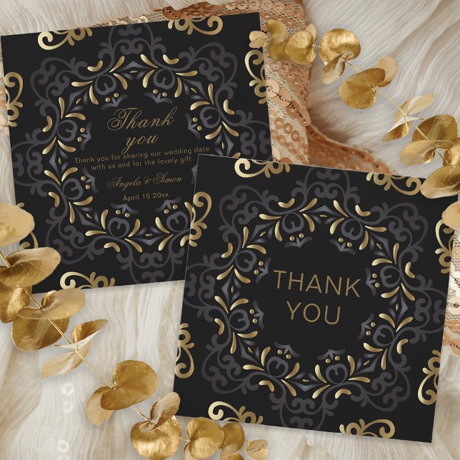 Finare Chic Black och Guld Baroque Ram Bröllop Tack Kort (Skapare uppladdad)