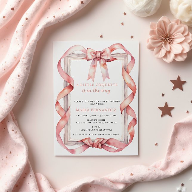 Finare Chic Coquette Rosa Bow Girl Baby Shower Inbjudningar (Fancy Chic Coquette Pink Bow Girl Baby Shower Invitation)