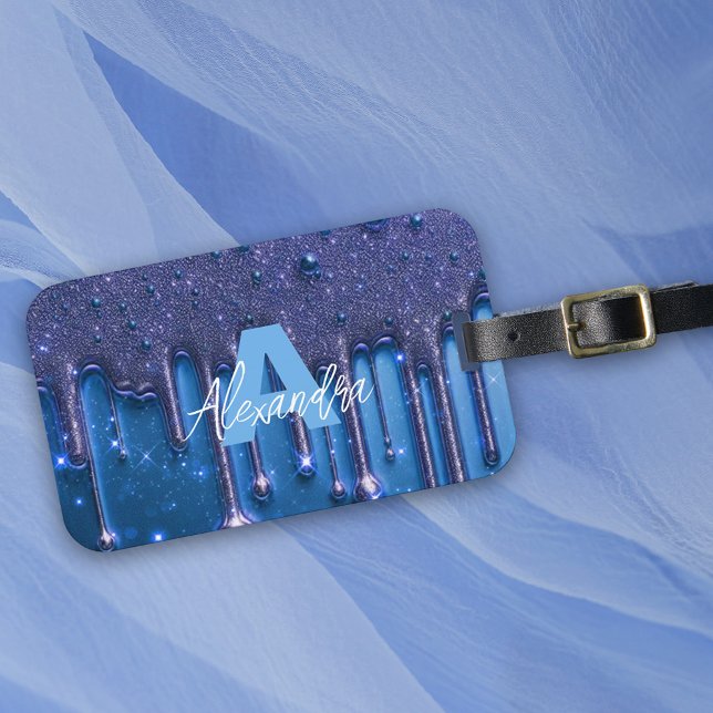 Finare Chic Glam Blue Paint Drip Namn Monogram Bagagebricka (Skapare uppladdad)